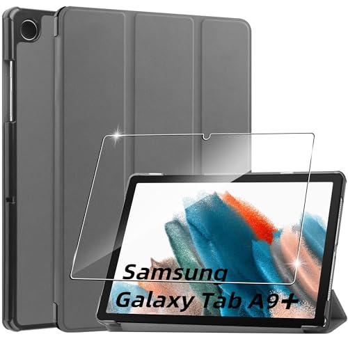 Hülle für Samsung Galaxy Tab A9+/A9 Plus 11.0 Zoll Tablette 2023 Case Cover+1 Stücks Schutzglas Schutzfolie,Superleicht Dreifach Falt Klapp Schutzhülle Case - Grey von Rojeuinn