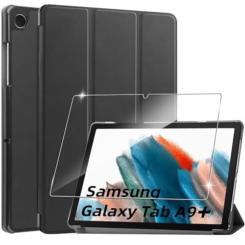 Hülle für Samsung Galaxy Tab A9+/A9 Plus 11.0 Zoll Tablette 2023 Case Cover+1 Stücks Schutzglas Schutzfolie,Superleicht Dreifach Falt Klapp Schutzhülle Case - Schwarz von Rojeuinn