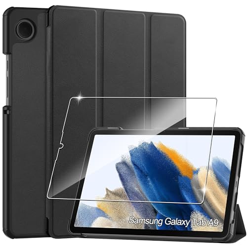Hülle für Samsung Galaxy Tab A9 8.7 Zoll Tablette 2023 Case Cover+1 Stücks Schutzglas Schutzfolie,Superleicht Dreifach Falt Klapp Schutzhülle Case - Schwarz von Rojeuinn