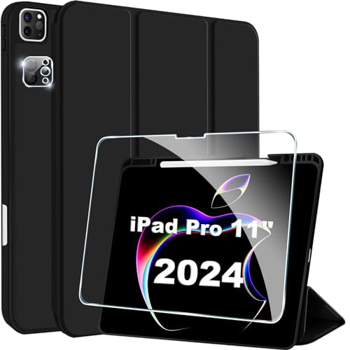 Rojeuinn Hülle für iPad Pro 11 Zoll case M4 (2024), 2 Stück gehärtetes Glas[1 Stücks Schutzglas Schutzfolie+1 Stück Kameraschutz], 9H Härte Anti-Kratzen, dünne dreifach Faltbare Standhülle, Schwarz von Rojeuinn