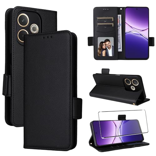 Rojeuinn Handyhülle Oppo A5 Pro 4G/5G Hülle mit 1 Panzer Glas Premium PU Leder Klapphülle Oppo A5 Pro 4G/5G [Kartenfach] [Ständer] Magnet Klappbar Flip Case Tasche von Rojeuinn