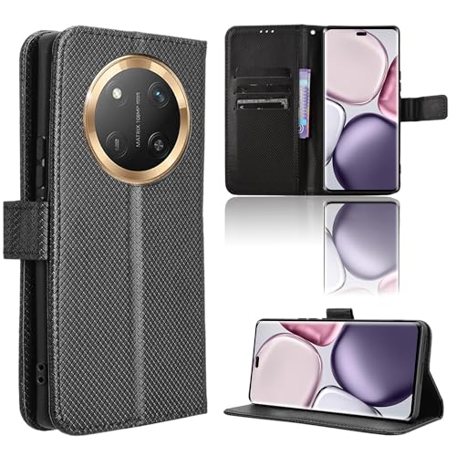 Rojeuinn Hülle für Honor Magic 7 Lite 5G Handyhülle-Hülle Stoßfest Case Cover-Handy Case in Premium Kohlefaser [Klappbar Flip] [Standfunktion Tasche] -Schwarz von Rojeuinn