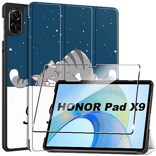 Rojeuinn Hülle für Honor Pad X9 Tablette Case Cover+1 Stücks Schutzglas Schutzfolie,Ultra Schlank Superleicht Dreifach Falt Klapp Schutzhülle Case - Good Night von Rojeuinn