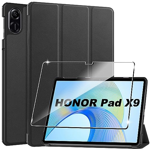 Rojeuinn Hülle für Honor Pad X9 Tablette Case Cover+1 Stücks Schutzglas Schutzfolie,Ultra Schlank Superleicht Dreifach Falt Klapp Schutzhülle Case - Schwarz von Rojeuinn