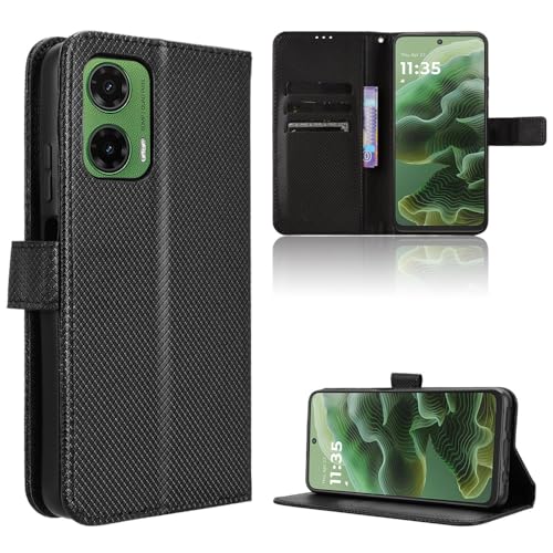 Rojeuinn Hülle für Motorola Moto G35 Handyhülle-Hülle Stoßfest Case Cover-Handy Case in Premium Kohlefaser [Klappbar Flip] [Standfunktion Tasche] -Schwarz von Rojeuinn