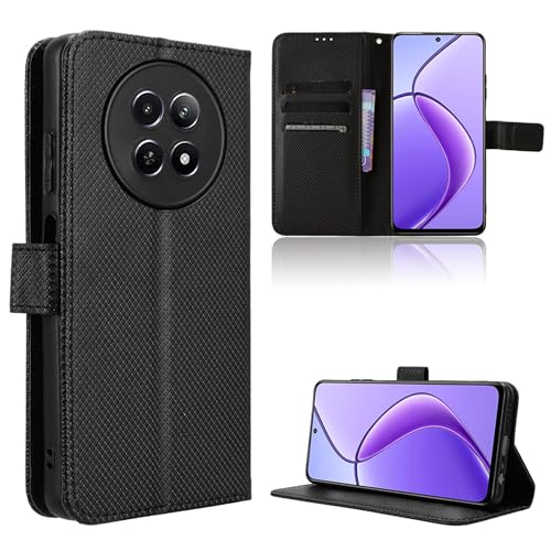 Rojeuinn Hülle für Realme 12/12x 5G Handyhülle-Hülle Stoßfest Case Cover-Handy Case in Premium Kohlefaser [Klappbar Flip] [Standfunktion Tasche] -Schwarz von Rojeuinn