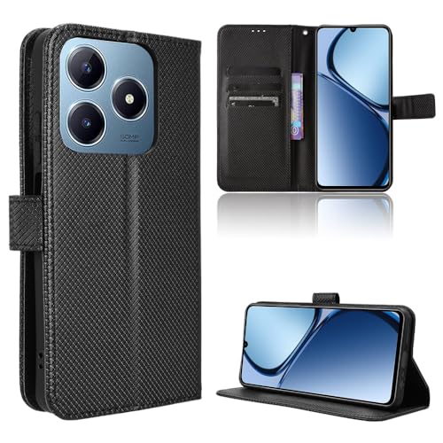 Rojeuinn Hülle für Realme C61/C63 4G Handyhülle-Hülle Stoßfest Case Cover-Handy Case in Premium Kohlefaser [Klappbar Flip] [Standfunktion Tasche] -Schwarz von Rojeuinn