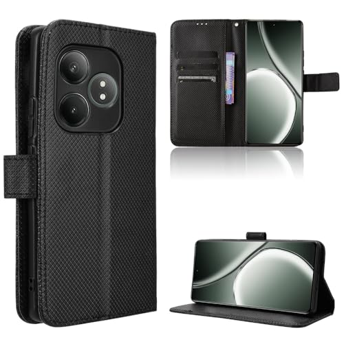 Rojeuinn Hülle für Realme GT 6 / Realme GT 6T Handyhülle-Hülle Stoßfest Case Cover-Handy Case in Premium Kohlefaser [Klappbar Flip] [Standfunktion Tasche] -Schwarz von Rojeuinn