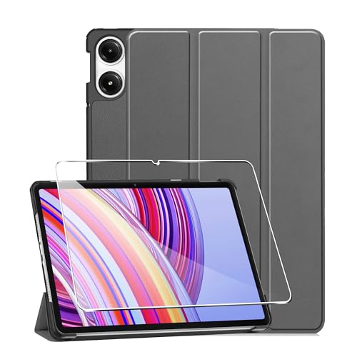 Rojeuinn Hülle für Redmi Pad Pro 5G / 4G / Xiaomi Poco Pad 12.1 Inches Tablette Case Cover+1 Stücks Schutzglas Schutzfolie,Ultra Schlank Klapp Schutzhülle Case mit Auto Schlaf/Wach Funktion-Grau von Rojeuinn