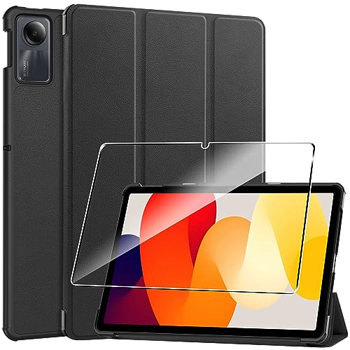 Rojeuinn Hülle für Redmi Pad SE Tablette Case Cover+1 Stücks Schutzglas Schutzfolie,Ultra Schlank Superleicht Dreifach Falt Klapp Schutzhülle Case mit Auto Schlaf/Wach Funktion - Schwarz von Rojeuinn