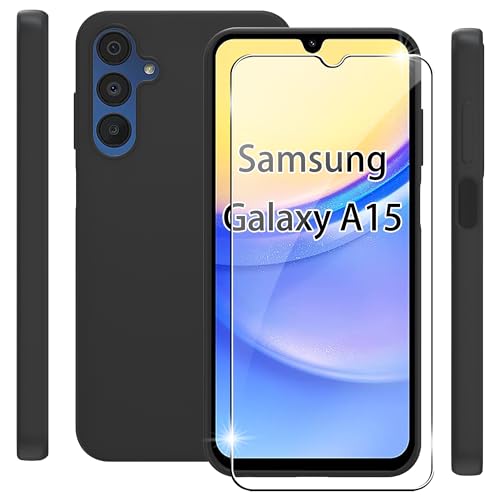 Rojeuinn Hülle für Samsung Galaxy A15 Handyhülle+1 Stücks Schutzglas Schutzfolie,Soft Matte Schutzhülle Handy Case-Schwarz von Rojeuinn