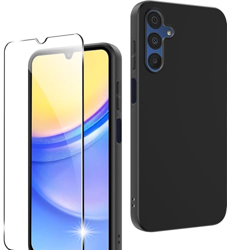 Rojeuinn Hülle für Samsung Galaxy A15 Handyhülle+1 Stücks Schutzglas Schutzfolie,Soft Matte Schutzhülle Handy Case-Schwarz von Rojeuinn