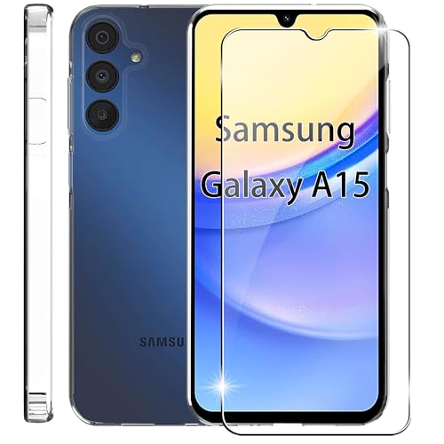 Rojeuinn Hülle für Samsung Galaxy A15 Handyhülle+1 Stücks Schutzglas Schutzfolie,Weiche TPU Silikon Stoßfest Schutzhülle Handy Case-Transparente von Rojeuinn