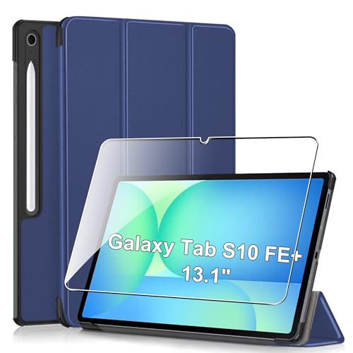 Rojeuinn Hülle für Samsung Galaxy Tab S10 FE+/ S10 FE Plus 13.1 Zoll 2025 mit Schutzfolie - Ultra Dünn PU Leder Tasche Schutzhülle mit Pen Halter, Auto Schlaf/Wach für SM-X620/SM-X626B (Dunkelblau) von Rojeuinn