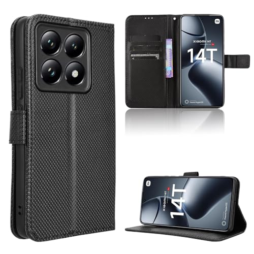 Rojeuinn Hülle für Xiaomi 14T 5G Handyhülle-Hülle Stoßfest Case Cover-Handy Case in Premium Kohlefaser [Klappbar Flip] [Standfunktion Tasche] -Schwarz von Rojeuinn