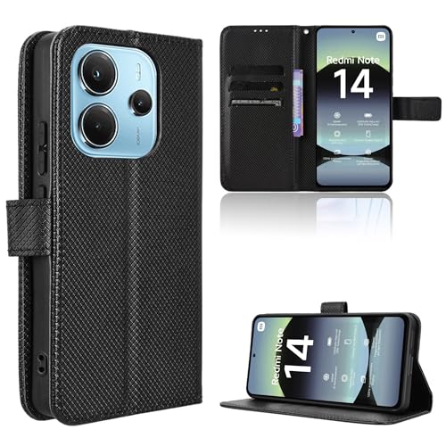 Rojeuinn Hülle für Xiaomi Redmi Note 14 4G Handyhülle-Hülle Stoßfest Case Cover-Handy Case in Premium Kohlefaser [Klappbar Flip] [Standfunktion Tasche] -Schwarz von Rojeuinn