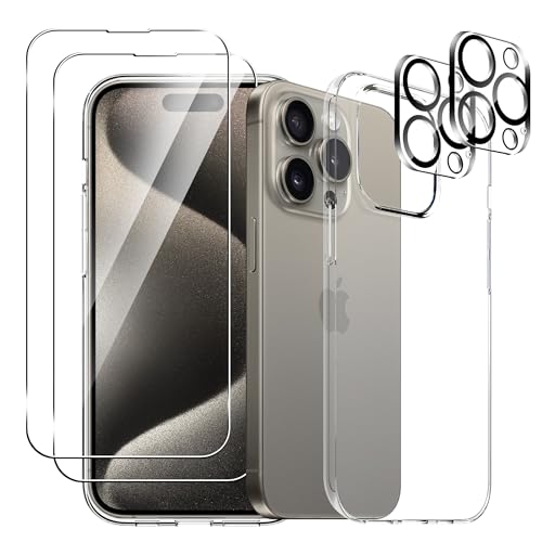 Rojeuinn Hülle für iPhone 15 Pro Handyhülle+2 Stück Panzerfolie Schutzfolie+2 Stück Kameraschutz,Weiche TPU Silikon Stoßfest Schutzhülle Handy Case-Transparente von Rojeuinn