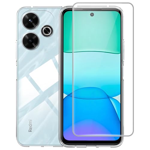 Rojeuinn hülle für Redmi 13 4G/Poco M6 4G + 1 Stücks panzerglas, 9H Härte Ultra-klar Displayschutzfolie，Soft Matte Schutzhülle Handy Case -Transparent von Rojeuinn