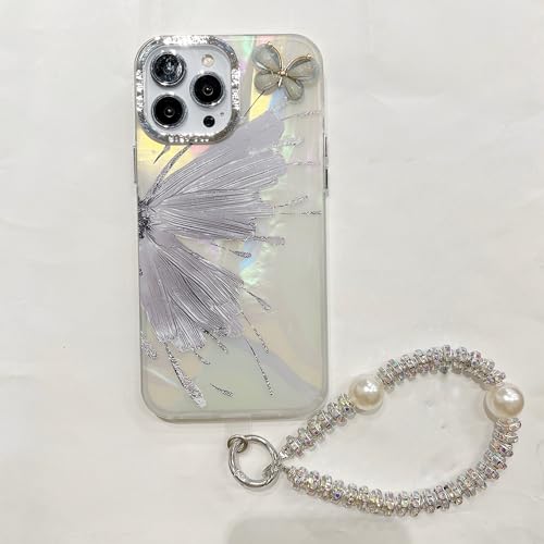 Rokmym Handyhülle für iPhone 15,3D-Schmetterling Durchsichtig Design Glitzer Kristall Hülle mit Süßes Perlenkette Frauen Mädchen Stoßfest Kratzfest Case Cover für iPhone 15,Lila von Rokmym