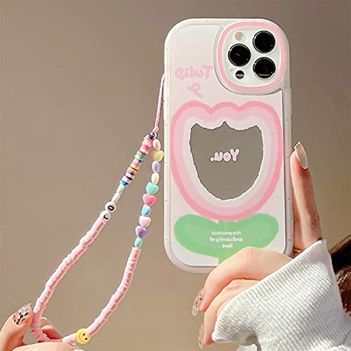 Rokmym Hülle für iPhone 14 Pro Spiegelfläche Hülle mit Perlen Armband Blumen Mode Feminin Handyhülle Wellen Schutzhülle Bumper Cover Weich Silikonhülle TPU Case für iPhone 14 Pro ， Tulpen von Rokmym