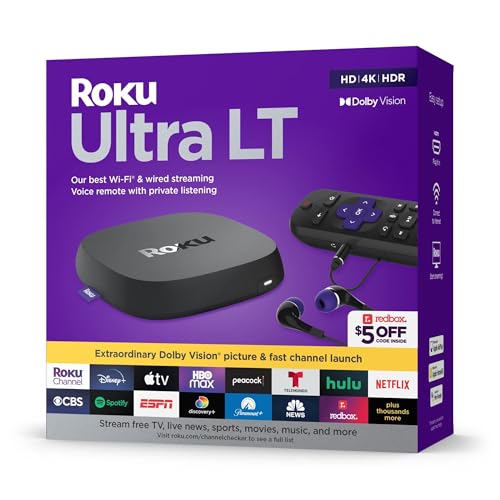 Roku Ultra LT (2023) HD/4K/HDR Dolby Vision Quad-Core Streaming-Player mit HDMI-Kabel, Kopfhörer, Sprachfernbedienung mit privatem Hören, Ethernet von Roku