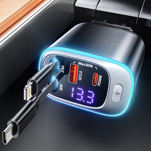 Rolgno Einziehbares Auto Ladegerät, [4 Port Schnellladegerät Auto] 72W Zigarettenanzünder USB C Adapter, PD30W & QC3.0 KFZ Ladegerät, 65CM Doppelkabel Car Charger, Ladekabel Auto für iPhone/Galaxy usw von Rolgno