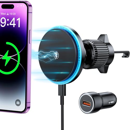 Rolgno für MagSafe Autohalterung Ladegerät, Handyhalterung Auto mit Ladefunktion, [Auto-Alignment Schnellladung] Magnet Autohalterung Kompatibel mit iPhone 16/15/14/13 (QC3.0 Autoladegerät Inklusive) von Rolgno