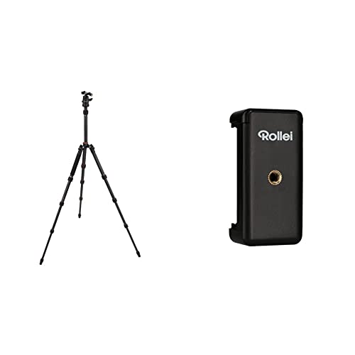 Rollei Compact Traveler No. 1 Carbon-sehr leichtes Reisestativ aus Carbon mit einem Packmaß von nur 33 cm,Schwarz & Smartphone Halterung-universeller Halter für ihr Smartphone mit 1/4“ Gewinde,Schwarz von Rollei