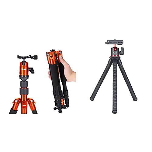 Rollei Compact Traveler No. 1 - leichtes Reisestativ aus Aluminium mit geringem Packmaß von nur 31,5 cm, Orange & Monkey Pod 2, Flexibles Mini-Stativ mit Smartphone-Halterung, Kugelkopf von Rollei