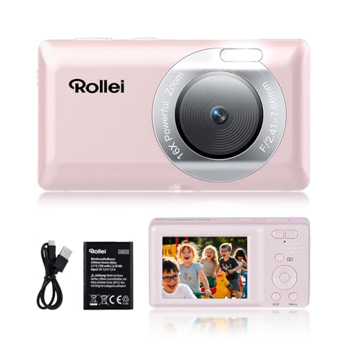 Rollei Compactline Pocket Digitalkamera Rosa, 50MP 2,7K Fotokamera mit 16X Digitalem Zoom Autofokus Tragbare Fotoapparat mit 2.4" Display Leichte Kompaktkamera für Kinder Teenager Student Anfänger von Rollei