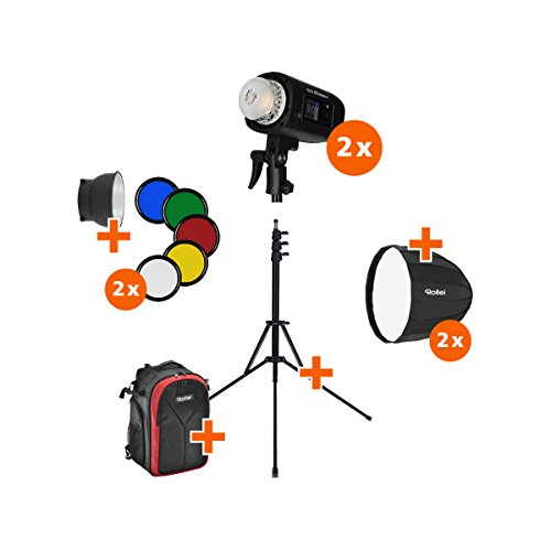 Rollei HS Freeze 4 Double Kit - Professionelles Studioblitz Set mit 2 Akkublitzen, 2 Softboxen, 2 Lampenstativen und einem Rucksack - ein perfekter Start in die Studio Fotografie, mit Bowens Anschluss von Rollei