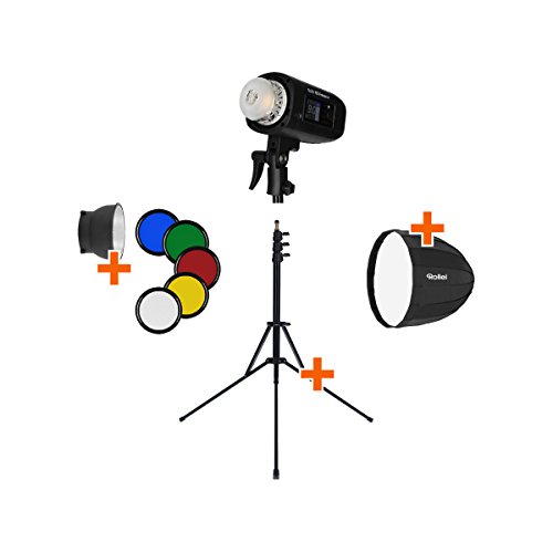 Rollei HS Freeze 4 Single Kit - Professionelles Studioblitz Set mit Akkublitz, Reflektor, Softbox (Parabolbox) und Lampenstativ - EIN Perfekter Start in die Studio Fotografie, mit Bowens Anschluss von Rollei