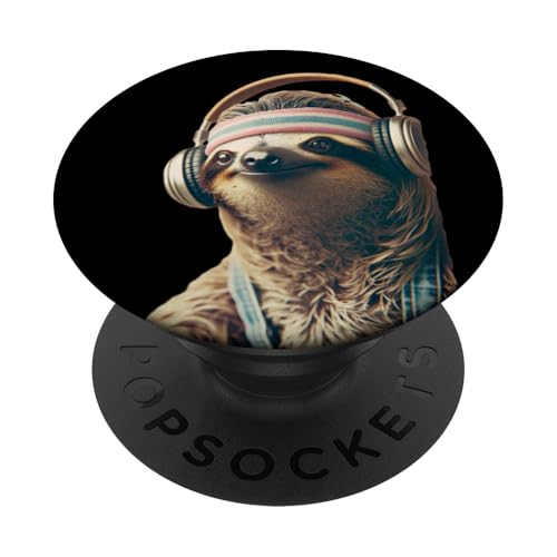 70er 80er Retro Faultier mit Kopfhörern, Lustiges Chill PopSockets Klebender PopGrip von Roller Zoo, lustige Skater Geschenke