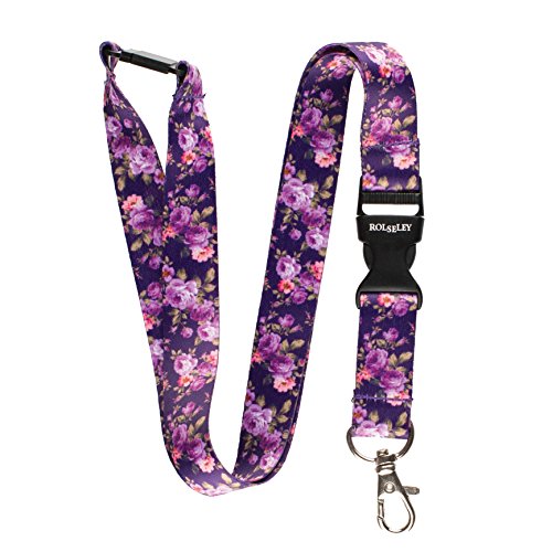 Mehrfarbig Schlüsselband Umhängeband Trageband mit Sicherheitsverschluss und Schwenk Karabinerhaken(1 violett mit Blumen) von Rolseley