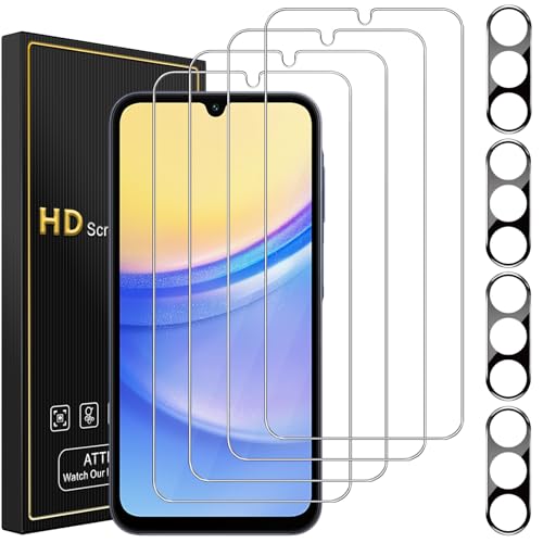 Romkasi [4+4 Stück Panzer Schutz Glas für Samsung Galaxy A15 4G/ 5G, 4 Stück Schutzfolie und 4 Stück Kameraschutz, 9H Härte Panzerfolie, Anti-Kratzr Glasfolie, HD Displayschutz von Romkasi