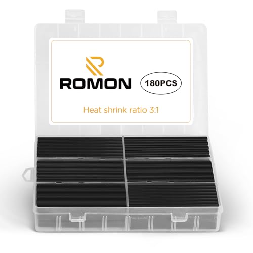 Romon 180 Stück Schrumpfschlauch Set Schwarz, Schrumpfschlauch Sortiment, Wärmeschrumpfschlauch Set, Heat Shrink Tube, Isolierschlauch für Kabel, 7 Größen, 3:1 Schrumpfverhältnis von Romon
