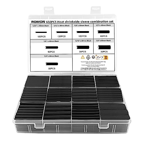 Romon 650 Stück Schrumpfschlauch Set Schwarz, Schrumpfschlauch Sortiment, Wärmeschrumpfschlauch Set, Heat Shrink Tube, Isolierschlauch für Kabel, 8 Größen, 2:1 Schrumpfverhältnis von Romon