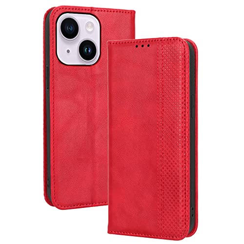 RonRun Apple iPhone 14 Plus Hülle Flip PU Leder Magnet Handyhülle mit Wallet Case Klappen Ständer Stoßfest Schutzhülle Kompatible für Apple iPhone 14 Plus, rot von RonRun
