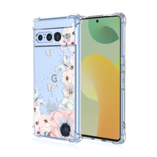 RonRun Hülle für Google Pixel 7 Pro Handyhülle, mit Schöne Blumen Motiv Stoßfest Transparent Matt Schutzhülle, Kompatibel für Google Pixel 7 Pro Schmetterlinge und Blume von RonRun