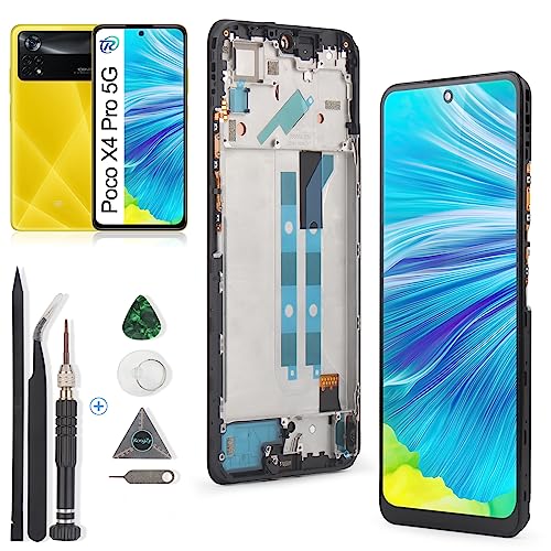 RongZy Display für Xiaomi Poco X4 Pro 5G 2201116PG LCD Bildschirmersatz Digitizer Touchscreen Montiert Ersatz mit Werkzeugen(Schwarz mit Rahmen) von RongZy