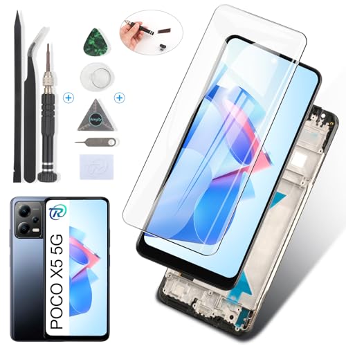 RongZy Display für Xiaomi Redmi Note 12 5G/Poco X5 5G LCD Bildschirmersatz Digitizer Touchscreen Montiert Ersatz mit Werkzeugen(Schwarz mit Rhamen) von RongZy