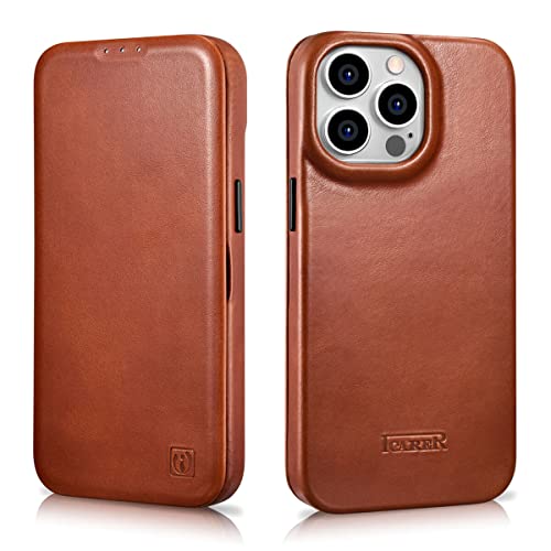 Ronuo Leder-Klapphülle für iPhone 14 Pro 6,1 Zoll, Vintage, Used-Look, echtes Leder, Magnetverschluss, unterstützt MagSafe-Brieftasche, 1 Kartenfach, vollständige Abdeckung, schlanke Schutzhülle, von Ronuo