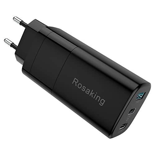 Rosaking 65W USB C Ladegerät,3-Port GaN USB C Netzteil,PD Schnellladegerät für MacBook Pro/Air,Kompatibel mit Galaxy S23 Ultra, S23+, S23, S22, S21;Für iPhone 14/13 Pro von Rosaking