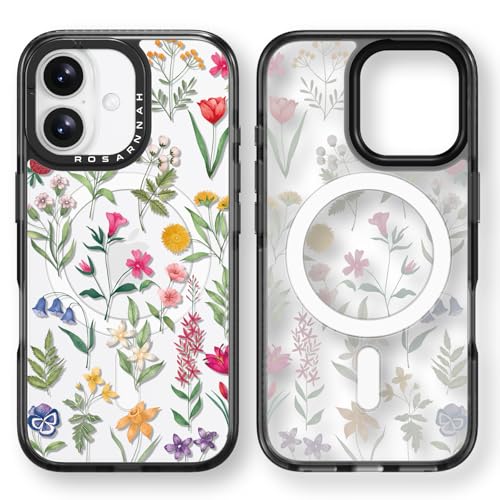 Rosarnnah Kompatibel mit iPhone 16 Hülle für Magsafe – Natur Blume Schwarz Cover Design – niedliche Ästhetik Handyhülle für iPhone 16 6.1" von Rosarnnah