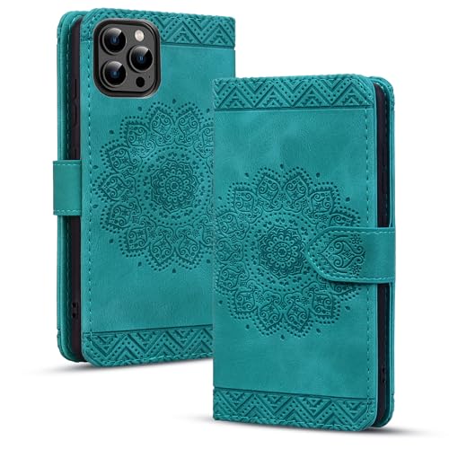 Rosbtib Flip Case für iPhone 15 Pro Max 6,7 Zoll Cover, Vintage Premium PU Leder Wallet Handyhülle mit Mandala geprägtem Design Cover für iPhone 15 Pro Max 6,7 Zoll - Grün von Rosbtib