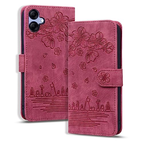 Rosbtib Handyhülle Samsung Galaxy A04E, Premium PU Leder Schutzhülle Magnetic Closure Standfunktion Flip Cover Hülle für Galaxy A04e (Rot Katze) von Rosbtib