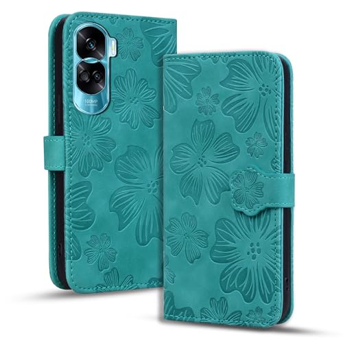 Rosbtib Handyhülle für Honor 90 Lite 5G mit PU Ledertasche Flip Schutzhülle mit Kartenfäch Magnetic Closure Kirschblüten-Prägung Hülle Honor 90 Lite 6,7 Zoll, Grün von Rosbtib