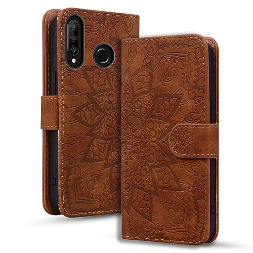 Rosbtib Handyhülle für Huawei P30 Lite/Nova 4E Premium PU Leder Hülle mit Magnetic Closure Standfunktion Flip Cover Mandala Prägung Huawei P30 Lite/Nova 4E - Braun von Rosbtib