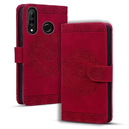 Rosbtib Handyhülle für Huawei P30 Lite Premium PU - Leder Flip Cover mit Kartenfach Magnetverschluss Ständer Funktion Mandala Prägung - Rot von Rosbtib