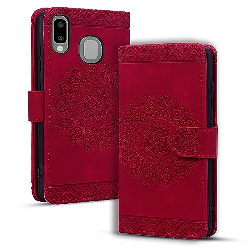 Rosbtib Handyhülle für Samsung Galaxy A20e Premium PU - Leder Flip Cover mit Kartenfach Magnetverschluss Ständer Funktion Mandala Prägung Galaxy A20e - Rot von Rosbtib